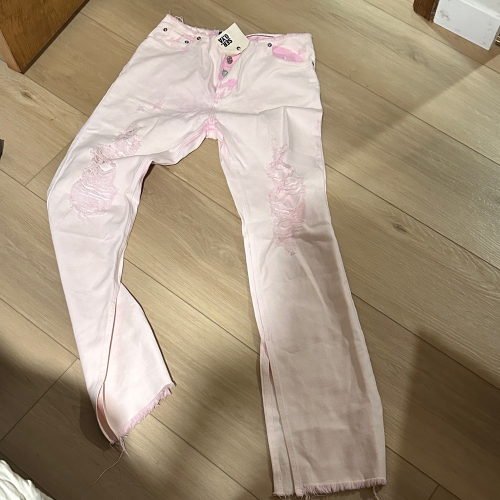 Retrofete Light Pink Distressed Straight Leg Jeans